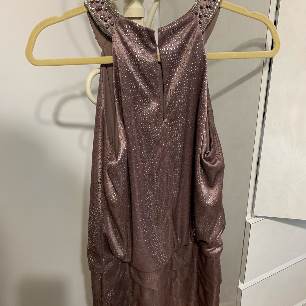 XSCAPE shimmer dress in purple and silver